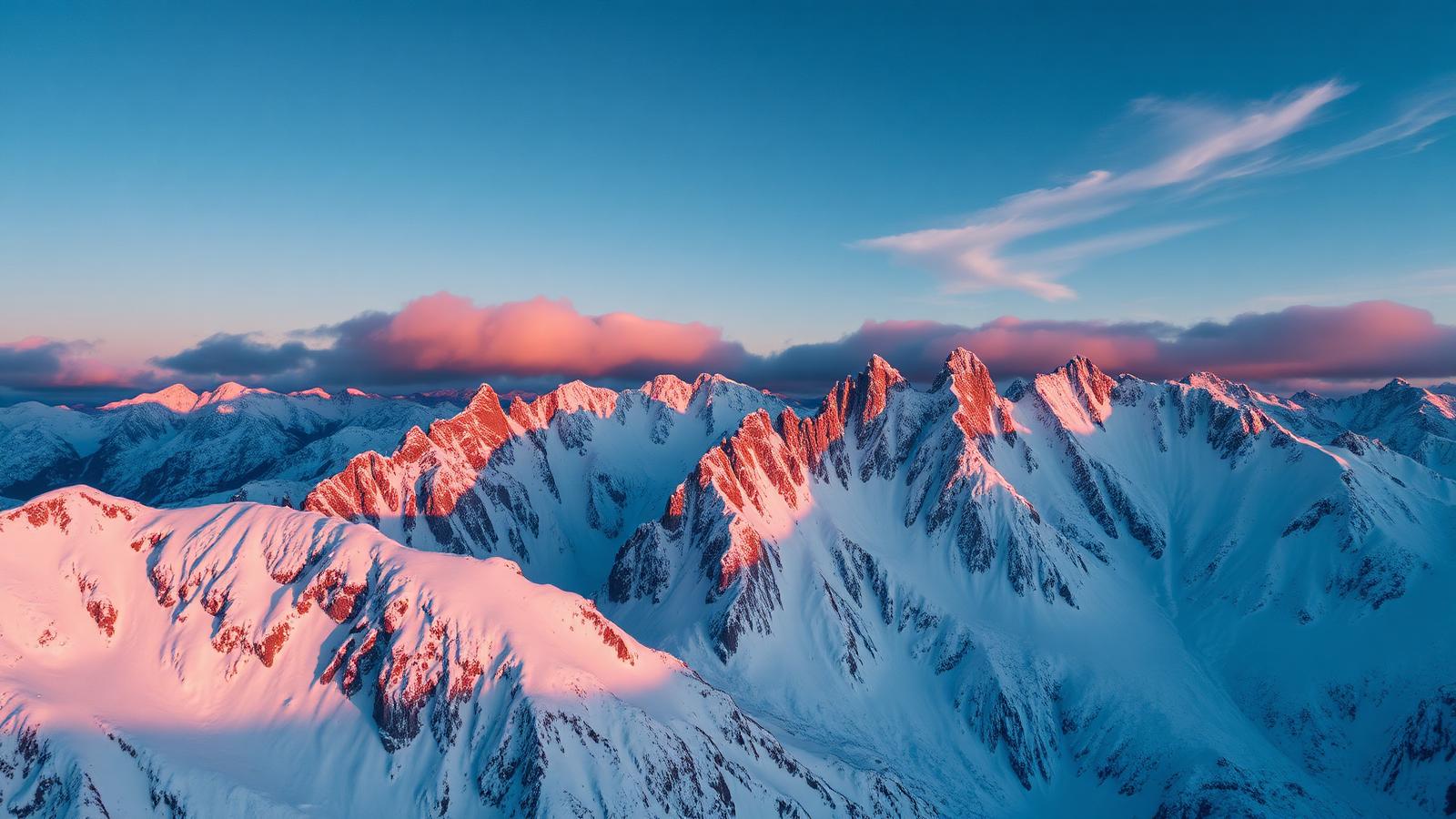Aerial view of snowy mountain range at dusk