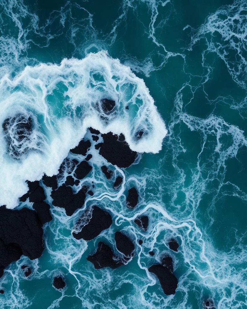 Top-down aerial of ocean waves against black rock